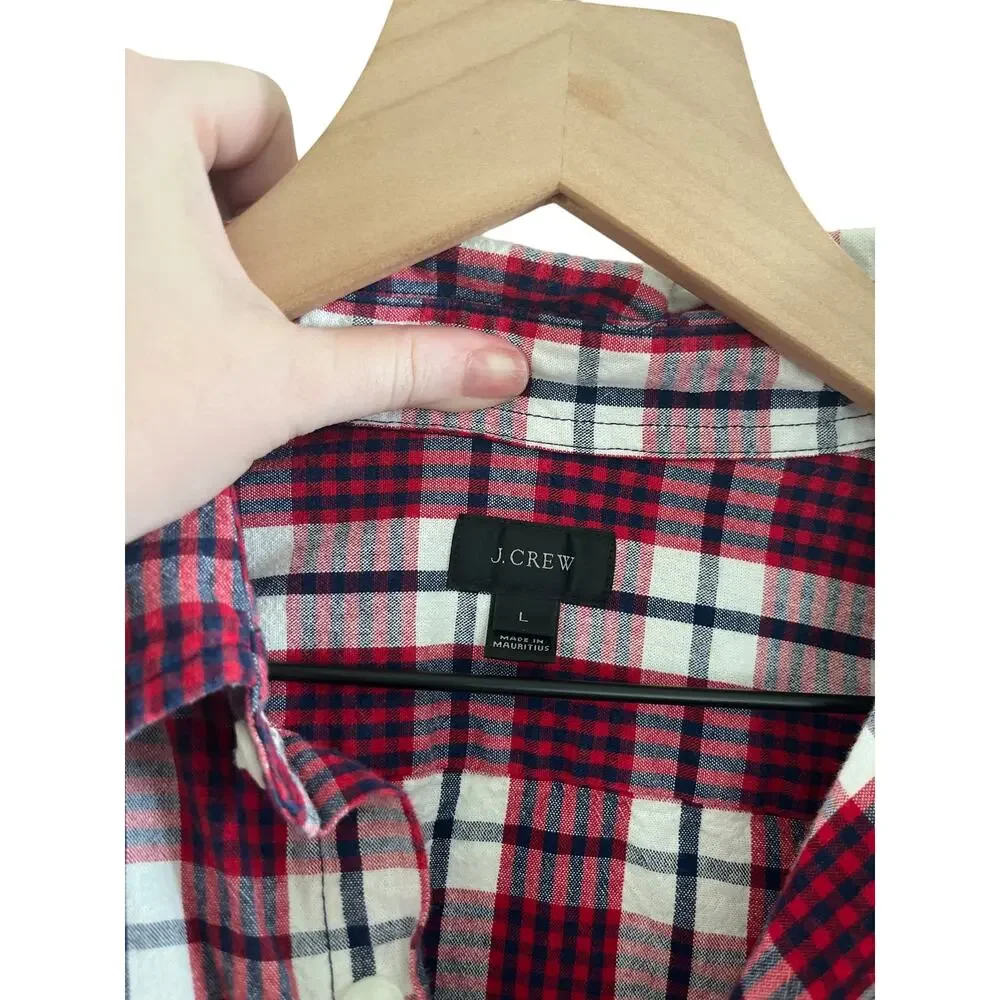 J Crew Mens Long Sleeve Red and White Plaid Button Down Shirt Size Large